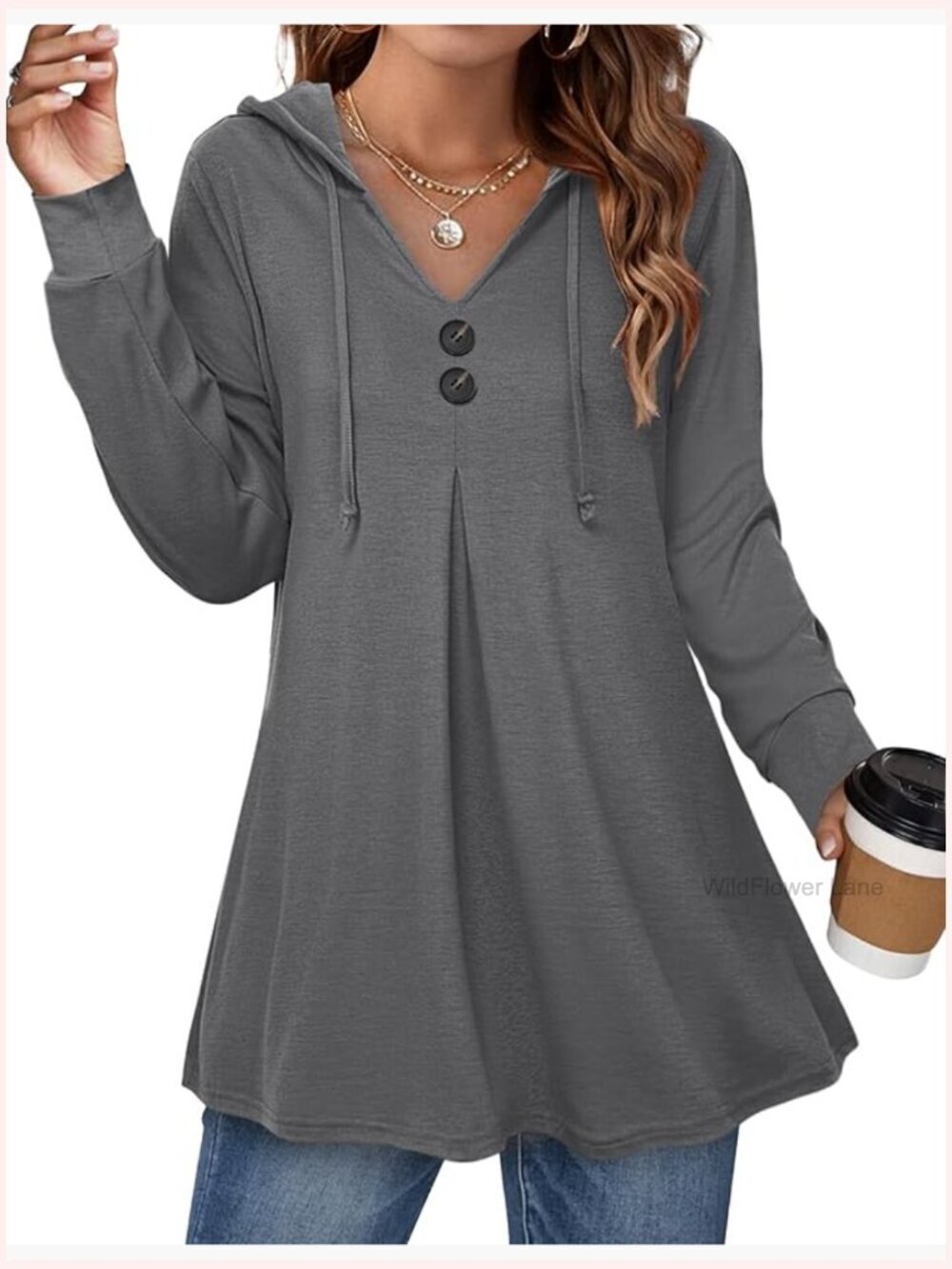 Long Sleeve Hooded Tunic Top Button Swing Pullover Sweatshirt